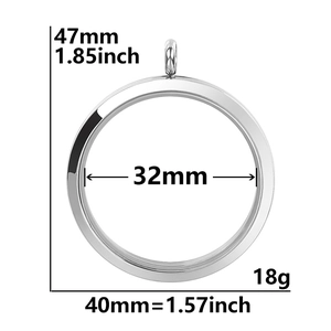Polished silver stainless steel round locket pendant with detailed size measurements