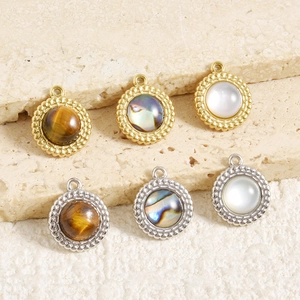 18k gold plated round shell pendants set in stainless steel with natural stone inlay