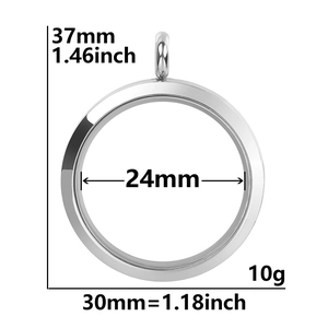 Detailed size specifications for a 30mm stainless steel floating locket with glass windows