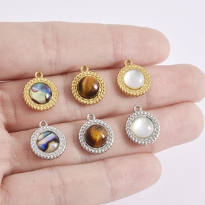 18k gold plated stainless steel round pendant with natural shell and stone for DIY jewelry