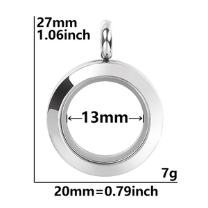 Detailed dimensions of the round stainless steel locket pendant with glass window