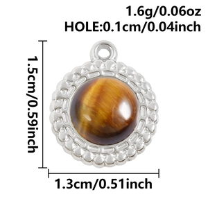 Detailed size view of round tiger eye stone pendant with silver metallic wavy edge