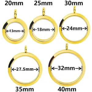 Five sizes of round stainless steel floating glass lockets with dimensions from 20mm to 40mm