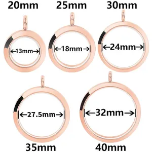 Size chart for rose gold floating locket showing outer and inner diameter measurements