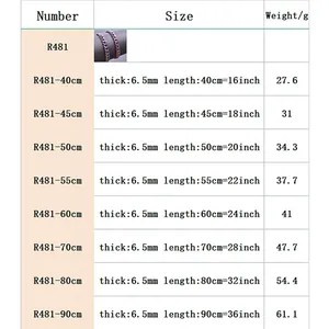 Size chart for stainless steel Cuban link necklaces showing weight, length and 6.5mm thickness