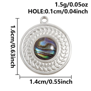 Detail view of round stainless steel pendant with abalone shell and etched leaf textures