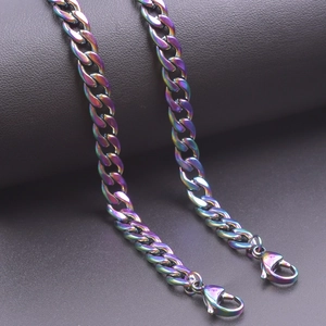 Stainless Steel Cuban Link Chain Necklace Bracelet Rainbow Silver Hip Hop Punk Polished Jewelry For Men Women