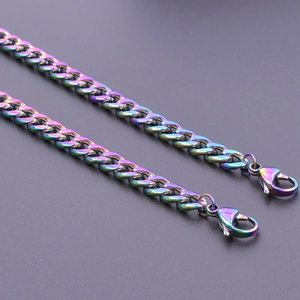 Detailed close-up of iridescent Cuban link necklace with heavy-duty lobster clasp