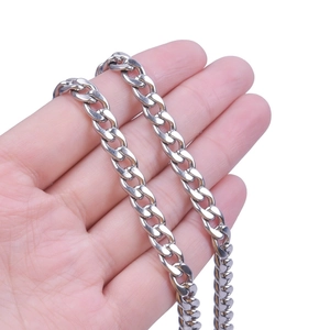 Detailed close-up of a silver stainless steel Cuban link chain with a polished metallic finish