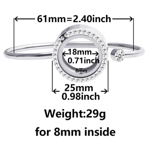 Adjustable 25mm stainless steel floating locket bracelet with rhinestones and glass frame