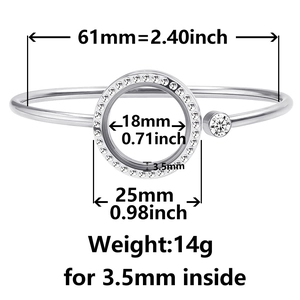 Polished stainless steel 25mm glass locket bangle with crystals and bypass design