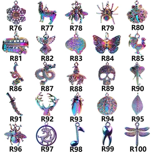 Macro view of iridescent rainbow stainless steel charms in diverse shapes including animal motifs