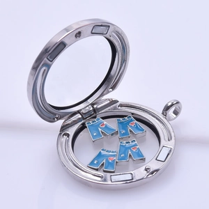 Detail of silver floating locket with blue jeans charms featuring tiny red heart patterns