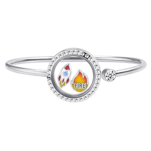 Polished silver stainless steel locket bracelet with sparkling zircon and fire charms