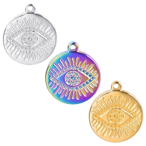 Stainless Steel Evil Eye Rhinestone Round Pendant DIY Jewelry Making Accessories Gold Silver Rainbow Charm For Necklace