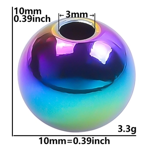 Macro shot of 10mm rainbow plated stainless steel spacer bead with 3mm hole details