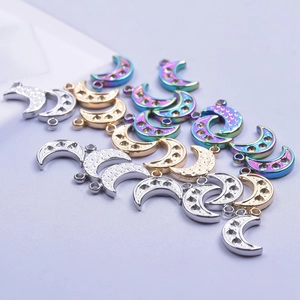 Polished stainless steel crescent moon charms in silver gold and rainbow finishes
