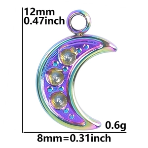 Detailed view of rainbow crescent moon pendant with blue and yellow crystals and dimensions