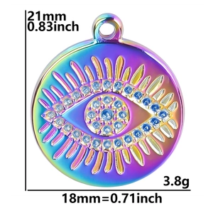 Rainbow stainless steel evil eye pendant showing 21x18mm dimensions and weight detail