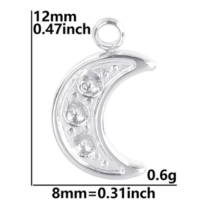 Detail view of 12x8mm silver crescent moon pendant with rhinestones and dimensions