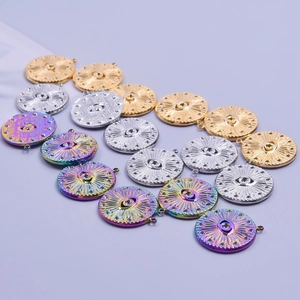 Round evil eye pendant charms in gold, silver and rainbow stainless steel for DIY jewelry