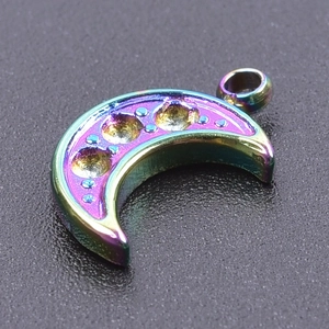 Rainbow crescent moon pendant with three stone settings in polished iridescent steel