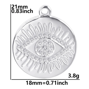 Silver evil eye pendant specifications with 21mm height and 18mm width dimensions
