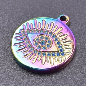 Rainbow plated stainless steel evil eye pendant with sparkling crystal rhinestones