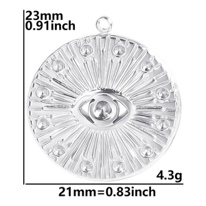 Detailed view of evil eye stainless steel pendant with size dimensions 23mm by 21mm