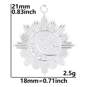 Macro detail of sunburst celestial pendant with moon and star relief and dimensions