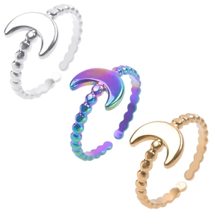 Adjustable Stainless Steel Crescent Moon Ring For Women Men Minimalist Beaded Band Rainbow Gold Polished Open Finger Ring