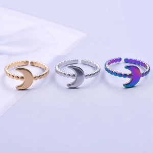 Adjustable moon pendant rings in gold, silver and rainbow finish with beaded band design