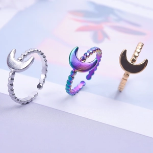 Minimalist moon open rings in gold, silver and rainbow finish with beaded texture