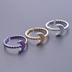Adjustable moon crescent beaded rings in gold, silver, and rainbow stainless steel