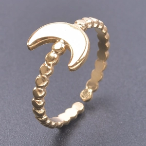 Adjustable golden stainless steel ring featuring beaded band and crescent moon motif