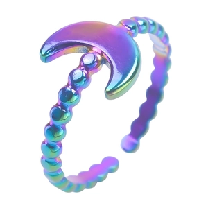 Rainbow plated stainless steel open ring with crescent moon and beaded band detail