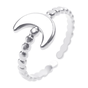 Detail of silver crescent moon open ring with unique beaded texture on stainless steel