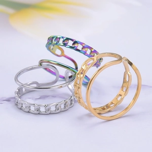 Three-piece adjustable open ring set in silver, gold, and rainbow finish with chain design