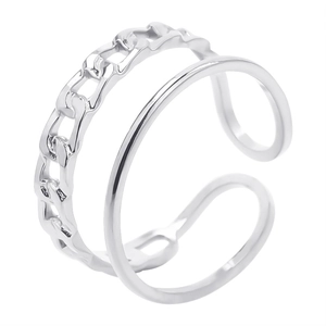 Minimalist double-layered silver titanium steel open ring with Cuban chain style design