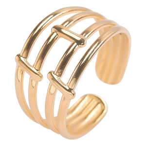 Minimalist wide gold triple-layered hollow open ring with adjustable band for women