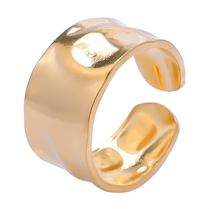 Polished gold adjustable open ring with unique liquid metal lava texture for men and women