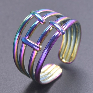 Macro detail showing the colorful iridescent rainbow finish on a wide gold band ring