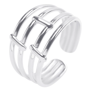 Detail view of silver multi-layer hollow geometric ring with adjustable open design