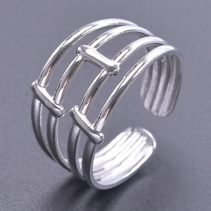 Minimalist silver multi-layer hollow adjustable ring with industrial open band design