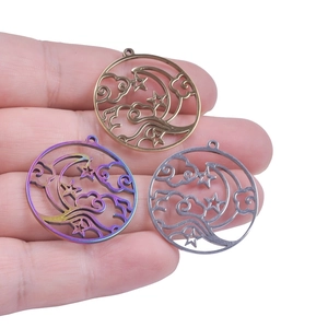 Star and moon celestial pendant in bronze, rainbow, and silver finishes for DIY necklaces