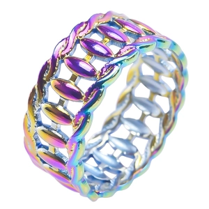 Bague ajourée en titane doré avec motif ovale irisé et pressage à l'huile