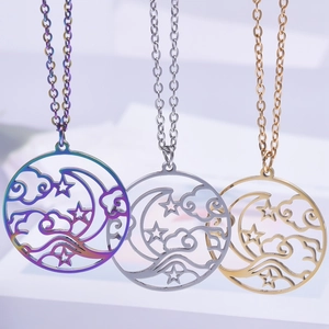 Three-piece stainless steel moon and star hollow pendants in rainbow, gold, and silver
