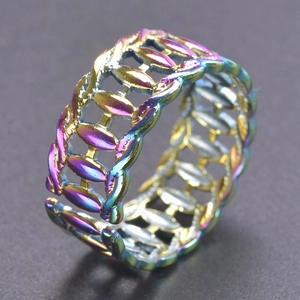 Détail de la bague en acier titane arc-en-ciel évidée avec finition galvanisée