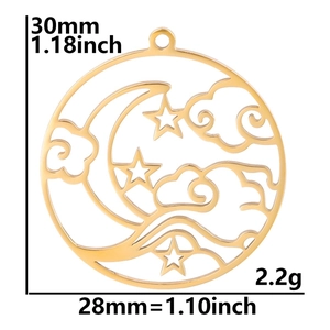 Detailed view of gold celestial pendant measuring 30mm height with star and moon motifs