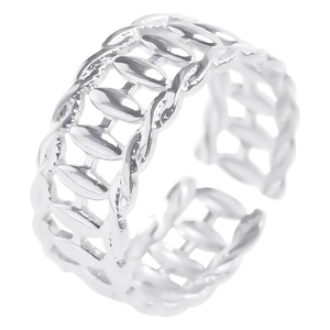 Vue détaillée bague ouverte tressée argentée avec motif de feuilles géométriques rétro